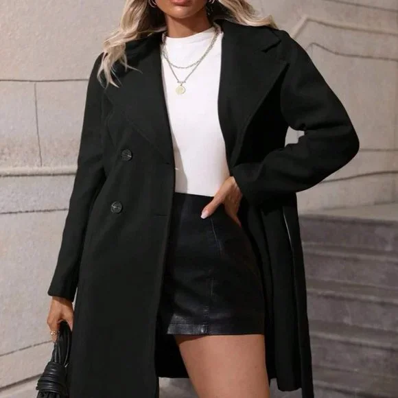 Black Preppy Womens Lapel Neck Double Breasted Belted Overcoat - Picture 4 of 5